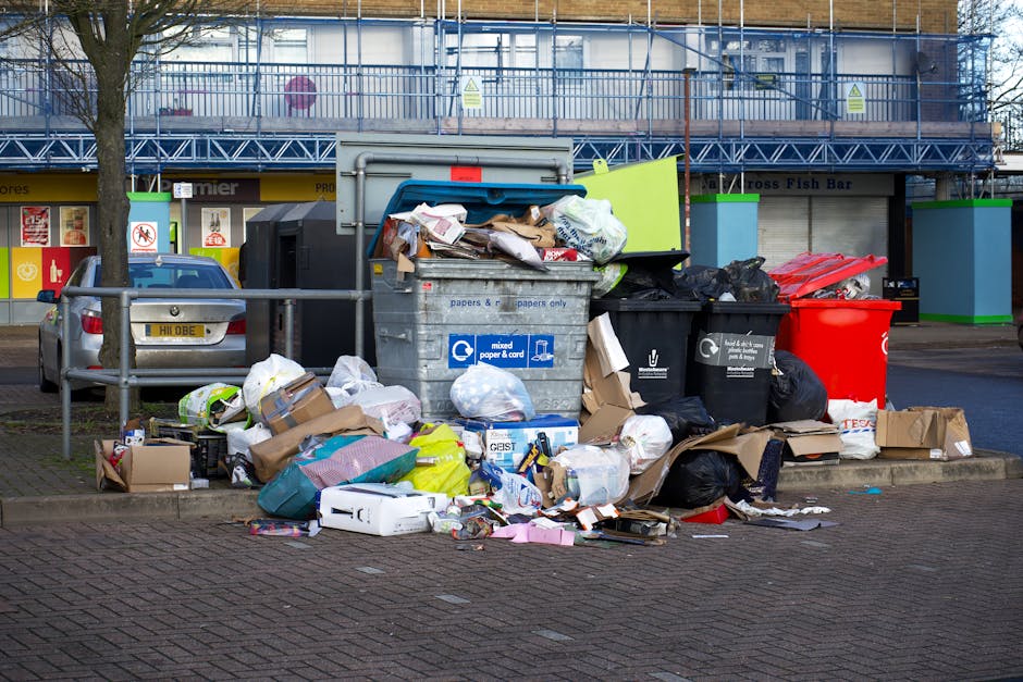 A large collection of domestic waste is piled on a paved area in front of a commercial building with closed shutters. The rubbish includes black plastic garbage bags, open cardboard boxes, and loose trash such as paper, plastic packaging, and cardboard slabs. A grey mixed paper and cardboard recycling bin is situated at the center, with its lid open and overflowing, spilling rubbish onto the pavement. Nearby, black and red waste bins are positioned, one black with a label indicating general waste, and the other red possibly for other waste types, both partially filled. To the left, a parked silver hatchback car faces the rubbish, with a tree on the curb behind it. The background features a two-story building with a blue metal scaffolding or external framework, partially obscuring shopfronts and signage, including a fish bar. The scene appears to be an off-site rubbish accumulation, possibly related to private waste collection or clearance services, in an urban setting. Natural daylight illuminates the scene, highlighting the textures of the waste materials and the urban environment.